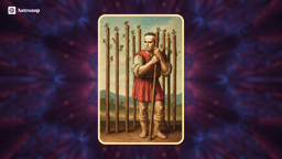 Nine of Wands tarot card showing a weary but determined figure holding a wand