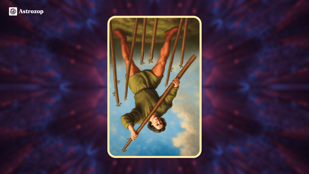 Reversed Seven of Wands tarot card showing a figure struggling to maintain balance