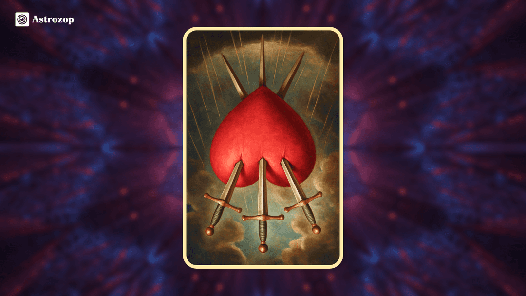Reversed Three of Swords tarot card with a pierced heart